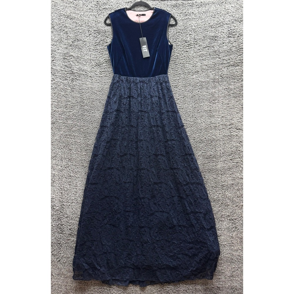 NWT F.It‎ Velvet Lace Sleeveless Evening Dress Navy Blue Womens Size 42 IT